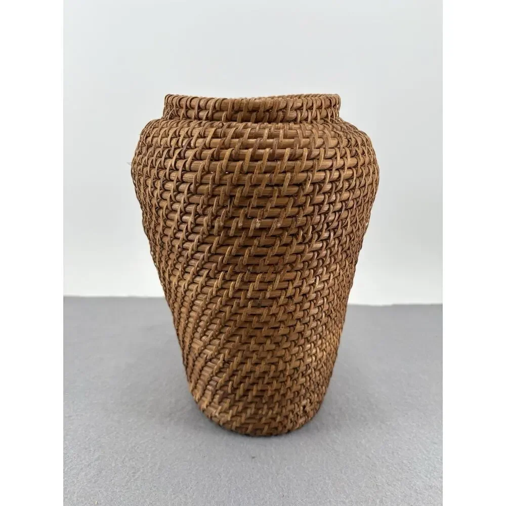 Vintage Handwoven Rattan Vase Boho Rustic Farmhouse 11.5”H Brown Tall